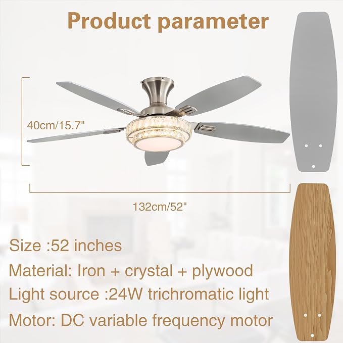 Ceiling Fans with Lights-Crystal Ceiling Fan,52" Low Profile Ceiling Fan and Remote Control, Flush Mount, Reversible, 3CCT