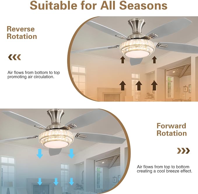 Ceiling Fans with Lights-Crystal Ceiling Fan,52" Low Profile Ceiling Fan and Remote Control, Flush Mount, Reversible, 3CCT
