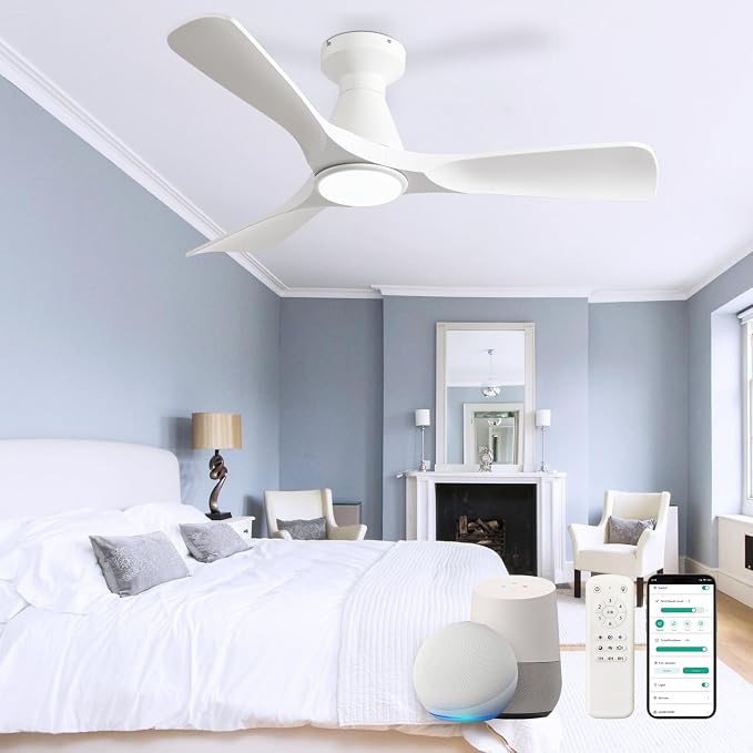 Ceiling Fans with Lights for Bedroom: 42 In Smart Low Profile Ceiling Fan with Voice Alex APP Remote Control - White