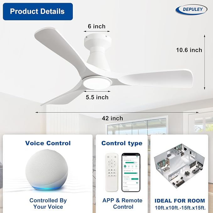 Ceiling Fans with Lights for Bedroom: 42 In Smart Low Profile Ceiling Fan with Voice Alex APP Remote Control - White