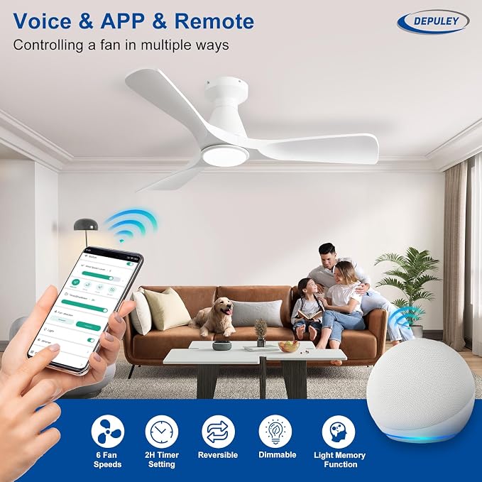 Ceiling Fans with Lights for Bedroom: 42 In Smart Low Profile Ceiling Fan with Voice Alex APP Remote Control - White