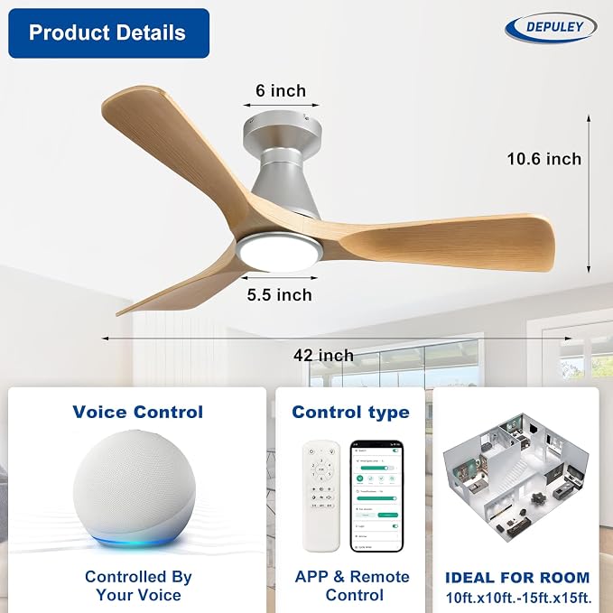 Ceiling Fans with Lights for Bedroom: 42 In Smart Low Profile Ceiling Fan with Voice Alex APP Remote Control, alternate view