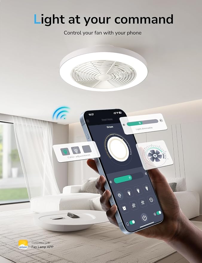 Ceiling Fans with Lights, Low Profile Ceiling Fan with Lights and Remote, 6 Wind Speeds Smart Flush Mount Ceiling Fan for