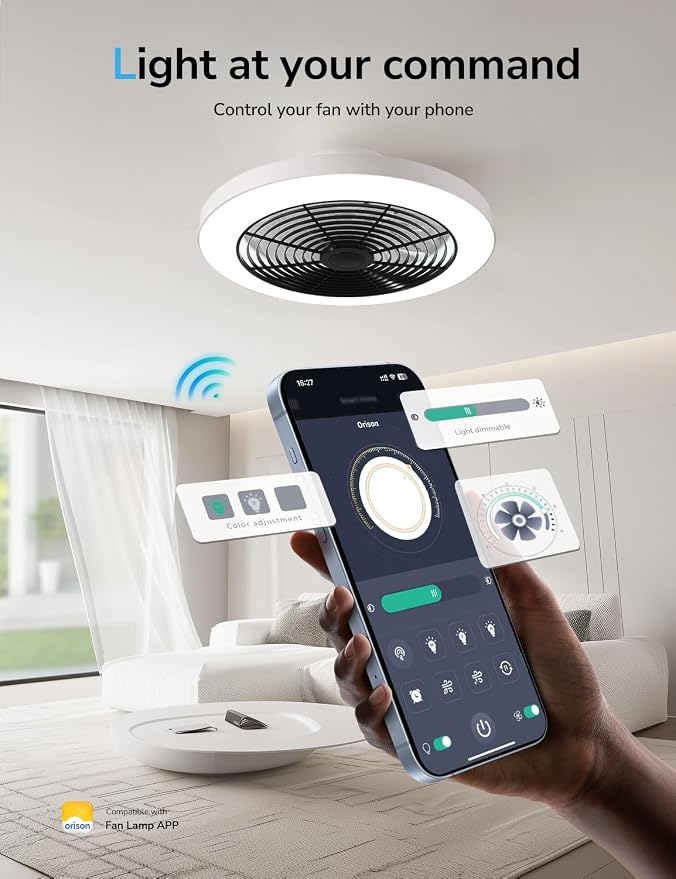 Ceiling Fans with Lights, Low Profile Ceiling Fan with Lights and Remote, 6 Wind Speeds Smart Flush Mount Ceiling Fan for