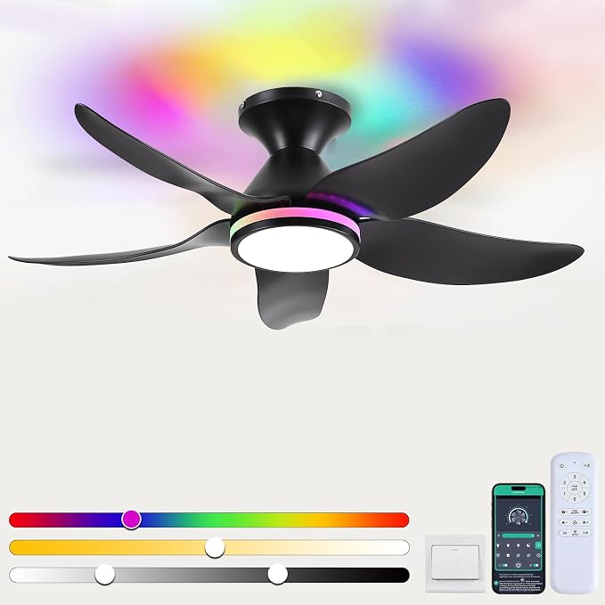 Ceiling Fans with Lights Remote/APP Control, 38" Low Profile Ceiling Fans with Dimmable White Colors+ RGB Ring Lights, 6
