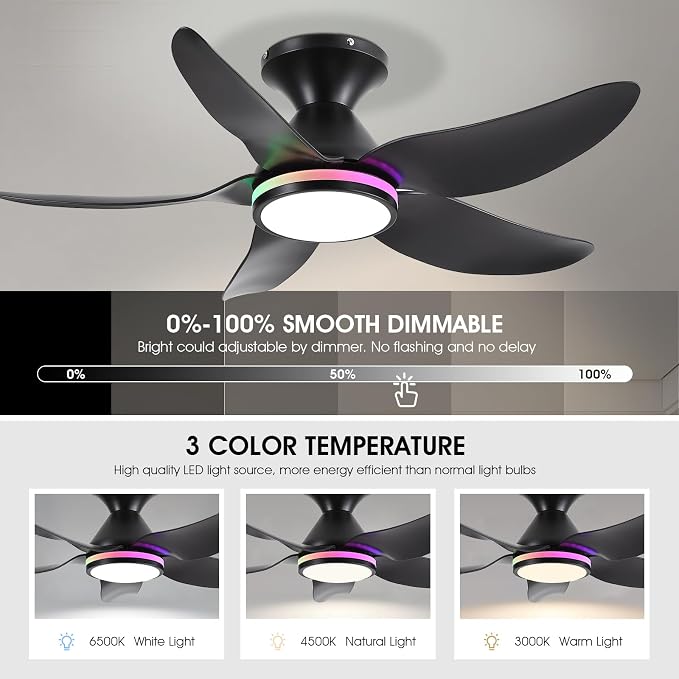 Ceiling Fans with Lights Remote/APP Control, 38" Low Profile Ceiling Fans with Dimmable White Colors+ RGB Ring Lights, 6