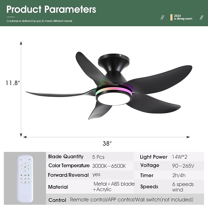 Ceiling Fans with Lights Remote/APP Control, 38" Low Profile Ceiling Fans with Dimmable White Colors+ RGB Ring Lights, 6