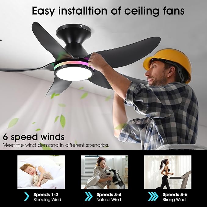 Ceiling Fans with Lights Remote/APP Control, 38" Low Profile Ceiling Fans with Dimmable White Colors+ RGB Ring Lights, 6