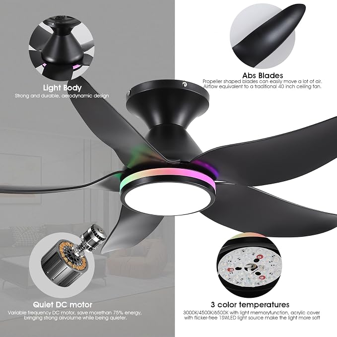 Ceiling Fans with Lights Remote/APP Control, 38" Low Profile Ceiling Fans with Dimmable White Colors+ RGB Ring Lights, 6