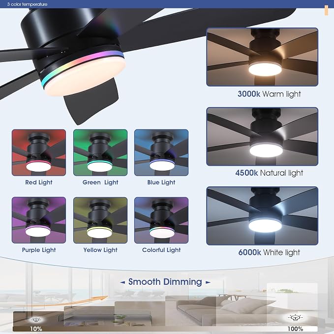 Ceiling Fans with RGB Lights Remote/APP Control, 46" Low Profile Ceiling Fan, 3 CCT LED Dimmable White Lights+RGB Ring