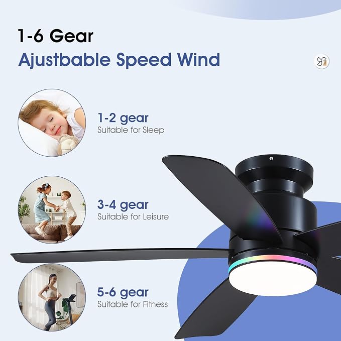 Ceiling Fans with RGB Lights Remote/APP Control, 46" Low Profile Ceiling Fan, 3 CCT LED Dimmable White Lights+RGB Ring