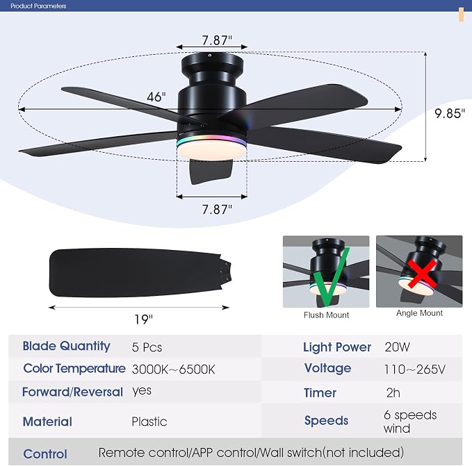 Ceiling Fans with RGB Lights Remote/APP Control, 46" Low Profile Ceiling Fan, 3 CCT LED Dimmable White Lights+RGB Ring
