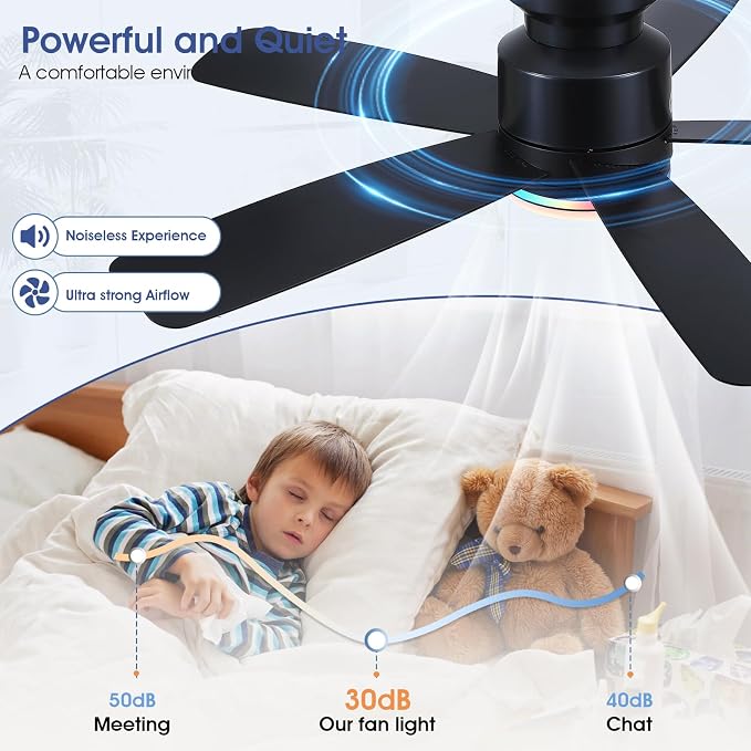Ceiling Fans with RGB Lights Remote/APP Control, 46" Low Profile Ceiling Fan, 3 CCT LED Dimmable White Lights+RGB Ring