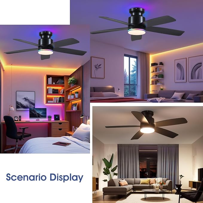 Ceiling Fans with RGB Lights Remote/APP Control, 46" Low Profile Ceiling Fan, 3 CCT LED Dimmable White Lights+RGB Ring