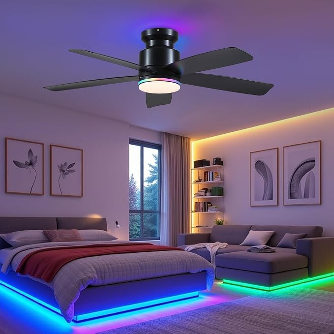 Ceiling Fans with RGB Lights Remote/APP Control, 46" Low Profile Ceiling Fan, 3 CCT LED Dimmable White Lights+RGB Ring
