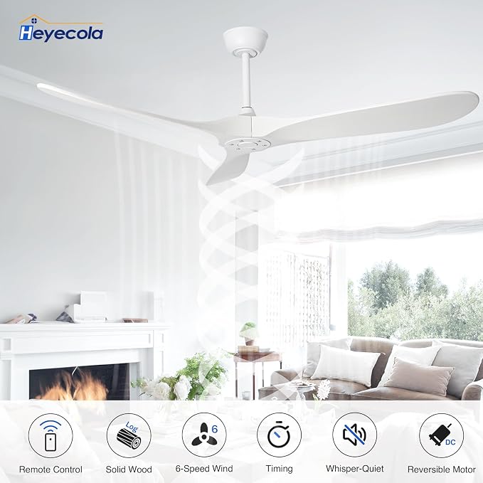 Ceiling Fans Without Light,60 Inch Outdoor Ceiling Fans no Light, 3 Blade Solid Wood Ceiling Fan with Remote Control for