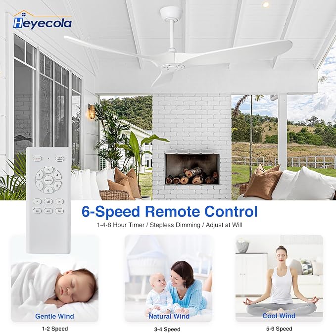 Ceiling Fans Without Light,60 Inch Outdoor Ceiling Fans no Light, 3 Blade Solid Wood Ceiling Fan with Remote Control for