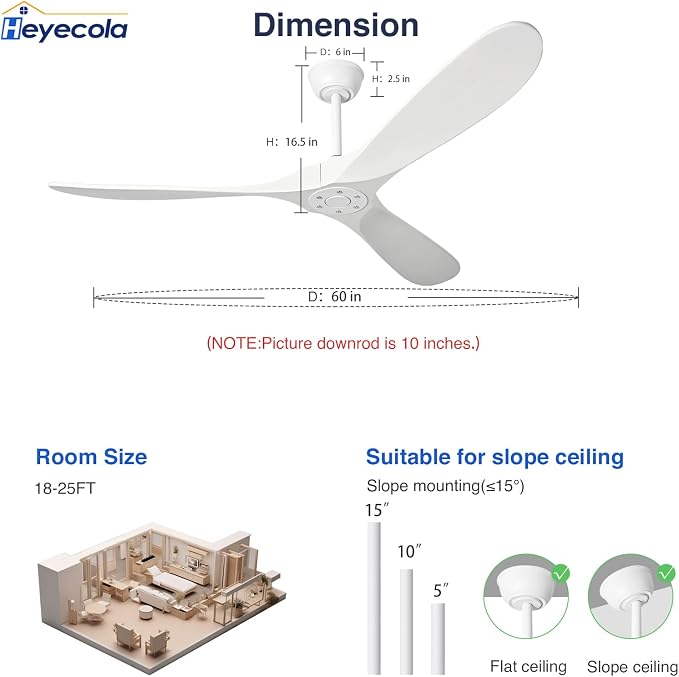 Ceiling Fans Without Light,60 Inch Outdoor Ceiling Fans no Light, 3 Blade Solid Wood Ceiling Fan with Remote Control for