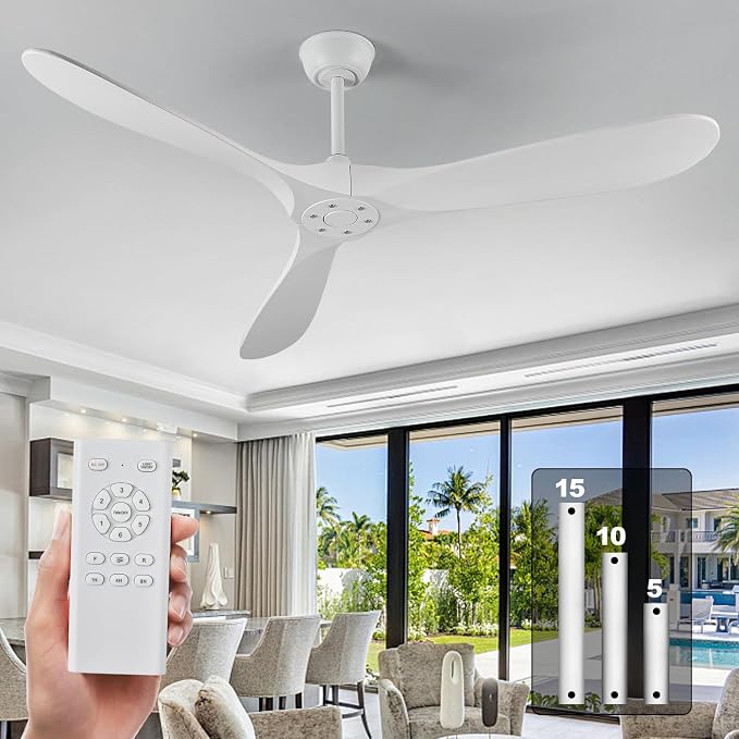 Ceiling Fans Without Light,60 Inch Outdoor Ceiling Fans no Light, 3 Blade Solid Wood Ceiling Fan with Remote Control for