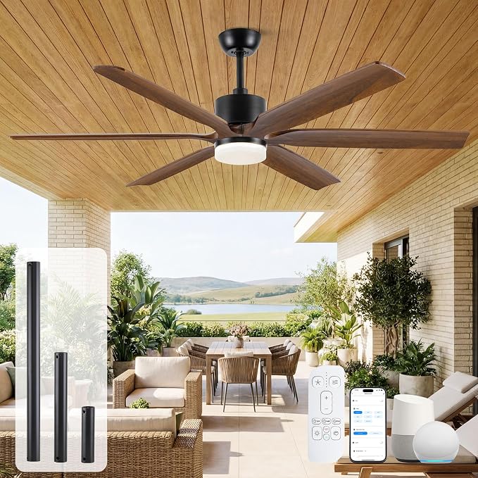 CeilingFan 60 Inch Outdoor Ceiling Fan with Light, Smart Modern Farmhouse Style, 6 Solid Wood Brown Blades, product image