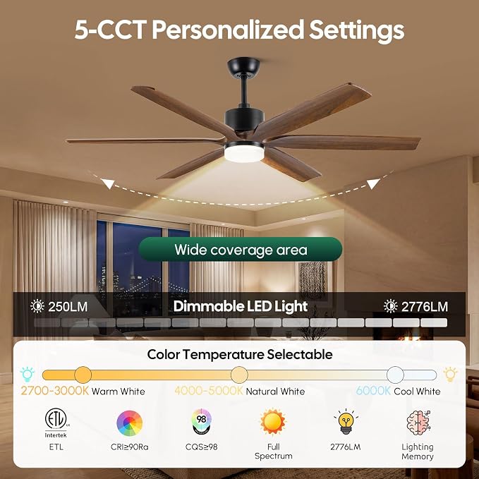 CeilingFan 60 Inch Outdoor Ceiling Fan with Light, Smart Modern Farmhouse Style, 6 Solid Wood Brown Blades, alternate product