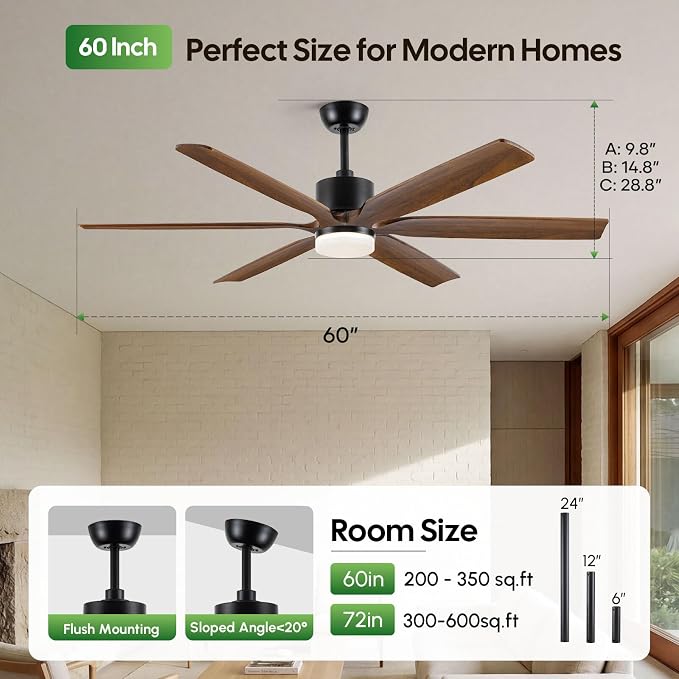 CeilingFan 60 Inch Outdoor Ceiling Fan with Light, Smart Modern Farmhouse Style, 6 Solid Wood Brown Blades, alternate product