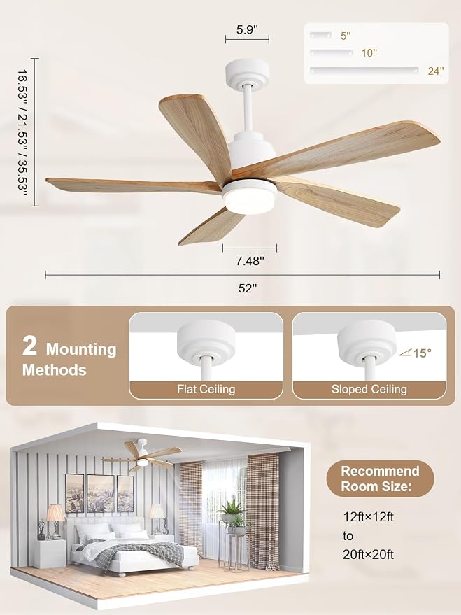 CeilingFan-ElevateYourLiving Ceiling Fan with Lights and Remote, 52 Inch Modern Wood Ceiling Fan for Indoor Farmhouse