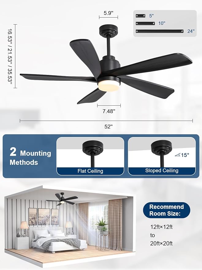 CeilingFan-ElevateYourLiving Ceiling Fan with Lights and Remote, 52 Inch Modern Wood Ceiling Fan for Indoor Farmhouse