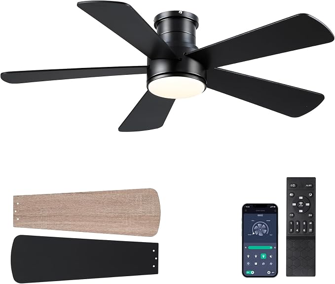 ceilingfan Low Profile Ceiling Fan with Light and Remote Control,46" Modern Flush Mount Black Ceiling Fan, 5 Dual-Sided
