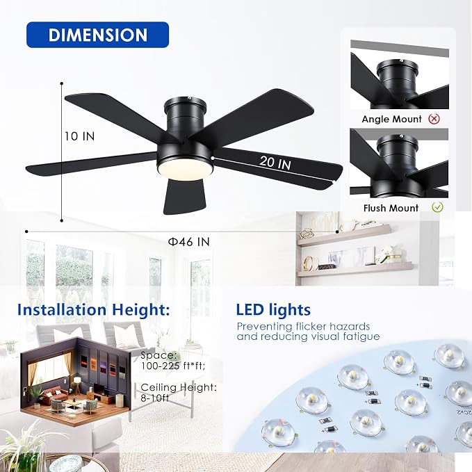 ceilingfan Low Profile Ceiling Fan with Light and Remote Control,46" Modern Flush Mount Black Ceiling Fan, 5 Dual-Sided
