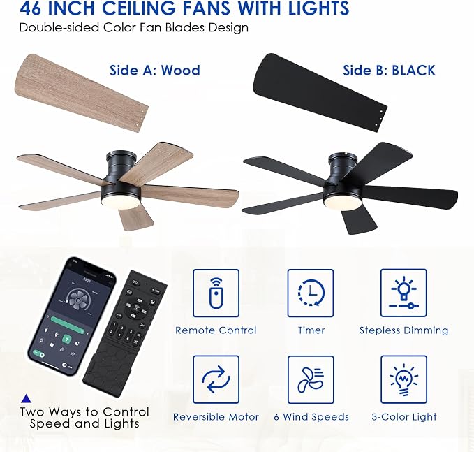ceilingfan Low Profile Ceiling Fan with Light and Remote Control,46" Modern Flush Mount Black Ceiling Fan, 5 Dual-Sided