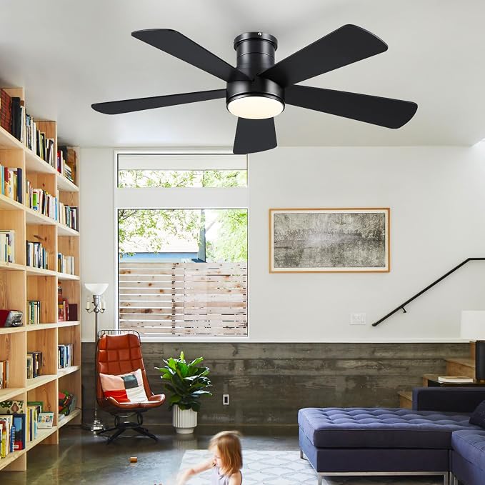 ceilingfan Low Profile Ceiling Fan with Light and Remote Control,46" Modern Flush Mount Black Ceiling Fan, 5 Dual-Sided