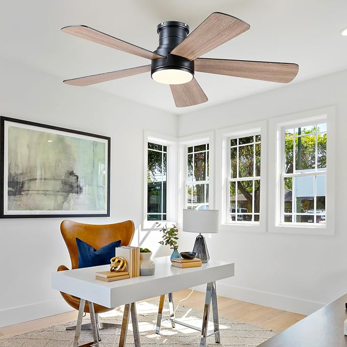 ceilingfan Low Profile Ceiling Fan with Light and Remote Control,46" Modern Flush Mount Black Ceiling Fan, 5 Dual-Sided