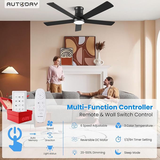CeilingFans 52 Inch Low Profile Ceiling Fan with Light, Black Flush Mount Ceiling Fans with Lights and Remote, alternate