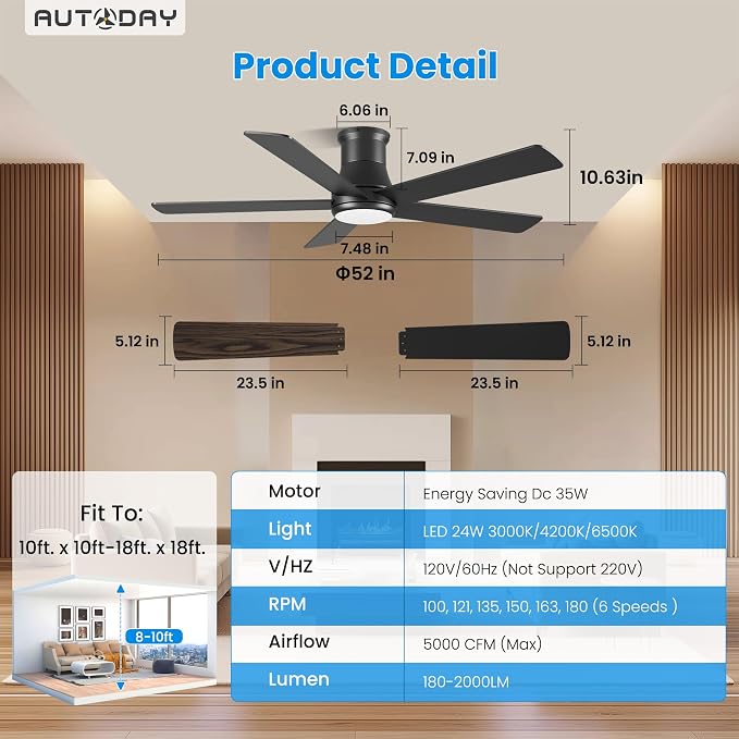 CeilingFans 52 Inch Low Profile Ceiling Fan with Light, Black Flush Mount Ceiling Fans with Lights and Remote, alternate