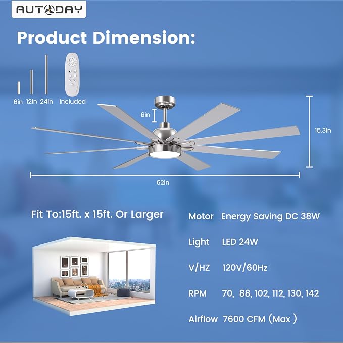 CeilingFans Large Ceiling Fans with Lights and Remote - 62 Inch Brushed Nickel Ceiling Fan with Light, Quiet DC Motor, 3 CCT