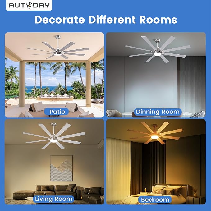 CeilingFans Large Ceiling Fans with Lights and Remote - 62 Inch Brushed Nickel Ceiling Fan with Light, Quiet DC Motor, 3 CCT