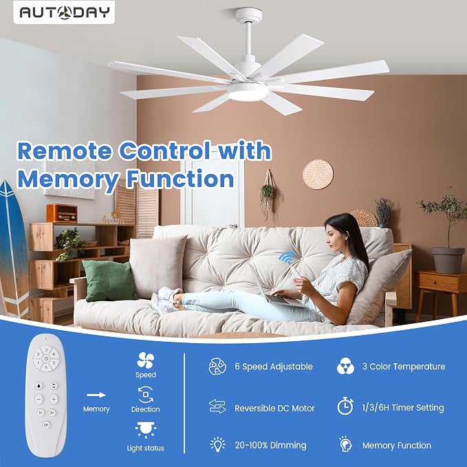 CeilingFans Large Ceiling Fans with Lights and Remote - 62 Inch White Ceiling Fan with Light, Quiet DC Motor, alternate