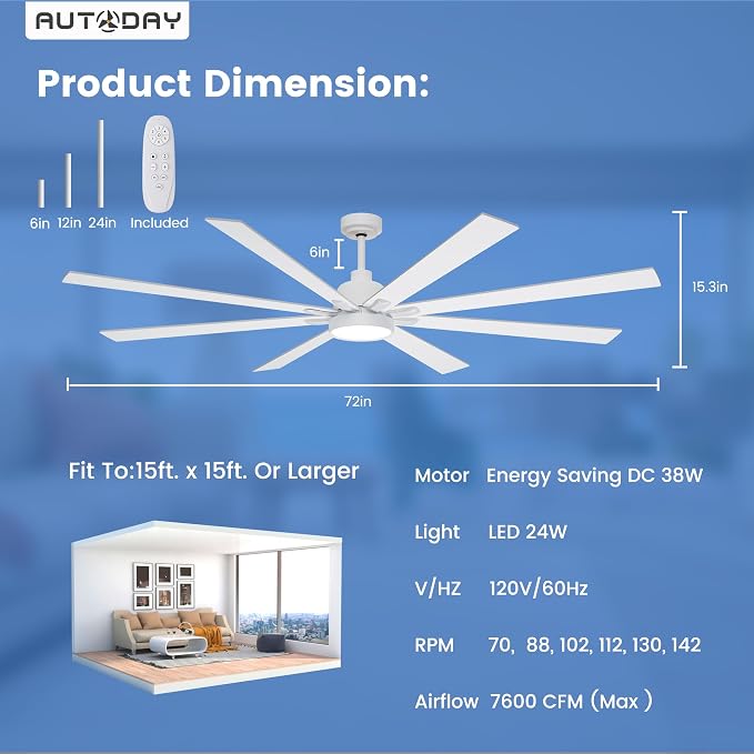 CeilingFans Large Ceiling Fans with Lights and Remote - 72 Inch White Ceiling Fan with Light, Quiet DC Motor, alternate