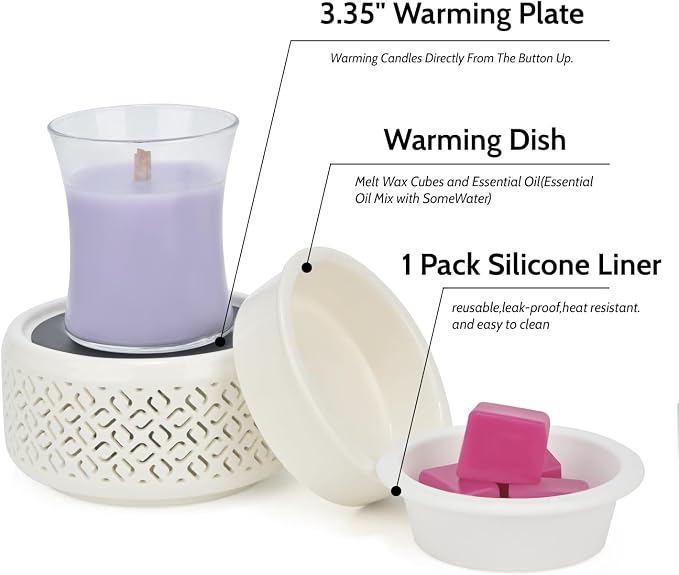 Ceramic Candle Warmer and Wax Melt Warmer with 7 Colors LED Night Light and 1 PC Silicone Liner,4-in-1 Electric Warmer for