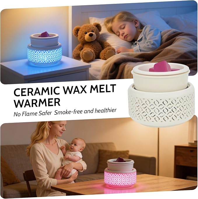 Ceramic Candle Warmer and Wax Melt Warmer with 7 Colors LED Night Light and 1 PC Silicone Liner,4-in-1 Electric Warmer for