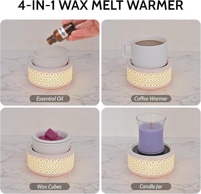 Ceramic Candle Warmer and Wax Melt Warmer with 7 Colors LED Night Light and 1 PC Silicone Liner,4-in-1 Electric Warmer for