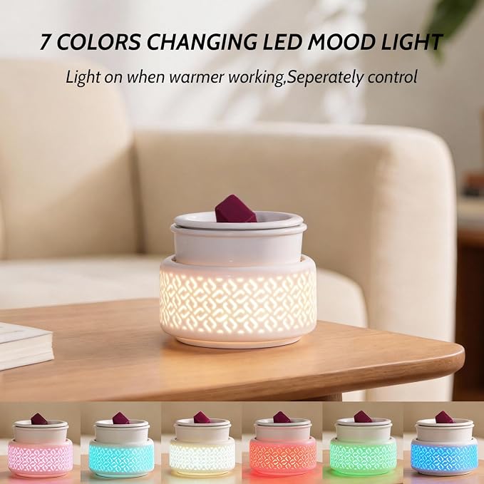 Ceramic Candle Warmer and Wax Melt Warmer with 7 Colors LED Night Light and 1 PC Silicone Liner,4-in-1 Electric Warmer for