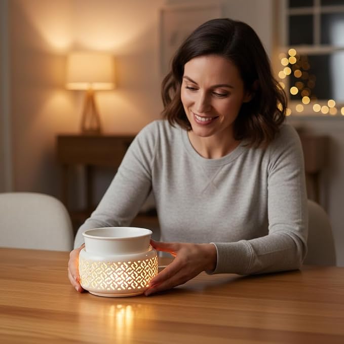 Ceramic Candle Warmer and Wax Melt Warmer with 7 Colors LED Night Light and 1 PC Silicone Liner,4-in-1 Electric Warmer for