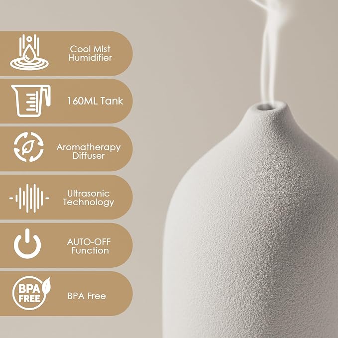 Ceramic Essential Oil Diffuser 160ML Aromatherapy Diffuser for Home Bedroom Room Cool Mist Humidifier Stone Air Diffusers