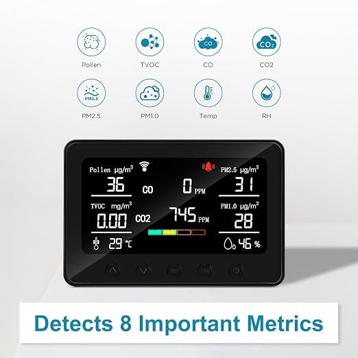 CF-30 Smart WiFi Air Quality Monitor, 15-in-1 Indoor IAQ Monitor with CO2, PM2.5, PM1.0, Pollen, TVOC & Carbon Monoxide