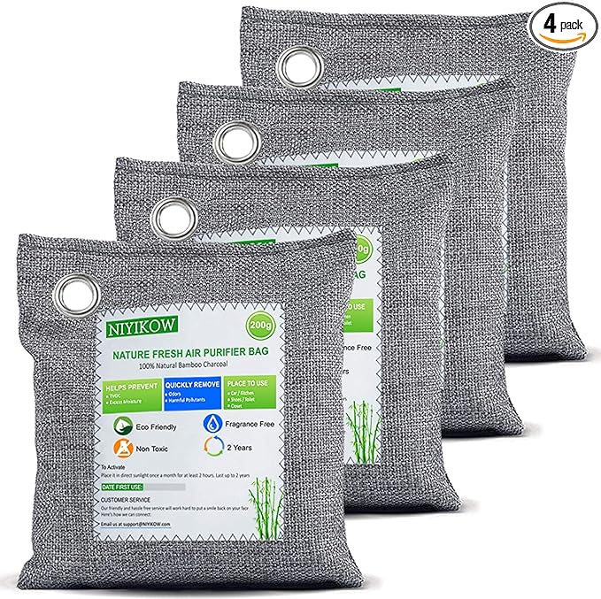 Charcoal Bags Odor Absorber (Large, 4Pack x 200g), Nature Fresh Bamboo Charcoal Air Purifying Bags, product image