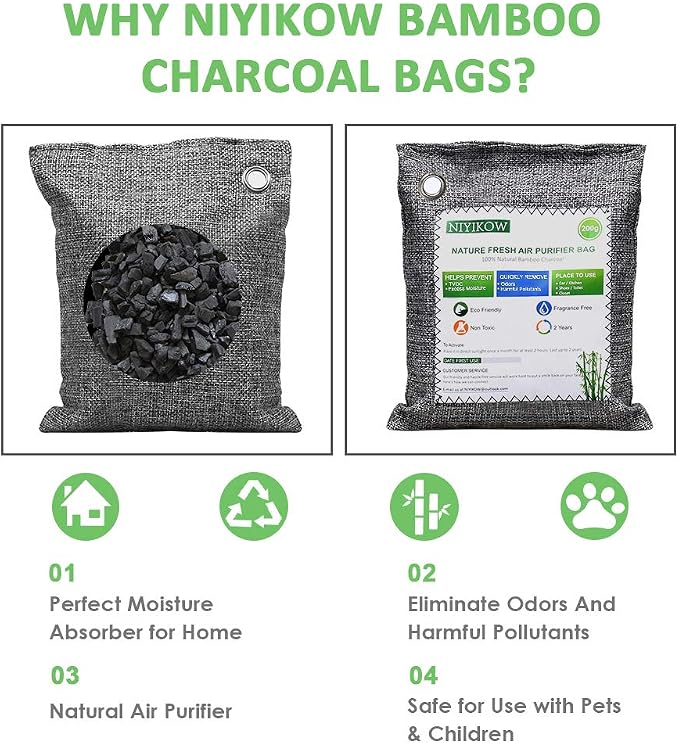 Charcoal Bags Odor Absorber (Large, 4Pack x 200g), Nature Fresh Bamboo Charcoal Air Purifying Bags, alternate product view 5