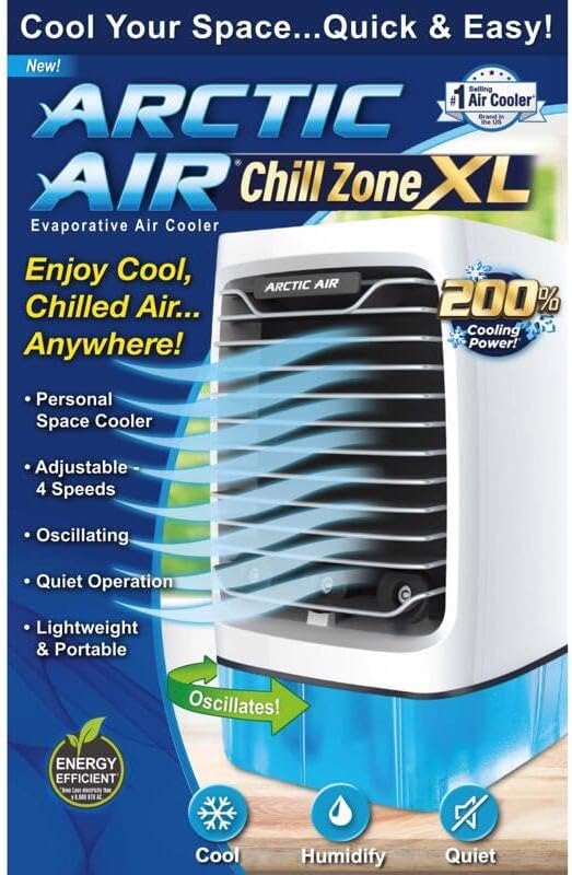 Chill Zone XL Evaporative Cooler with Oscillating Fan, Auto-Off Timer, Portable Fan with 4 Adjustable Speeds, 16-Hour Cooling