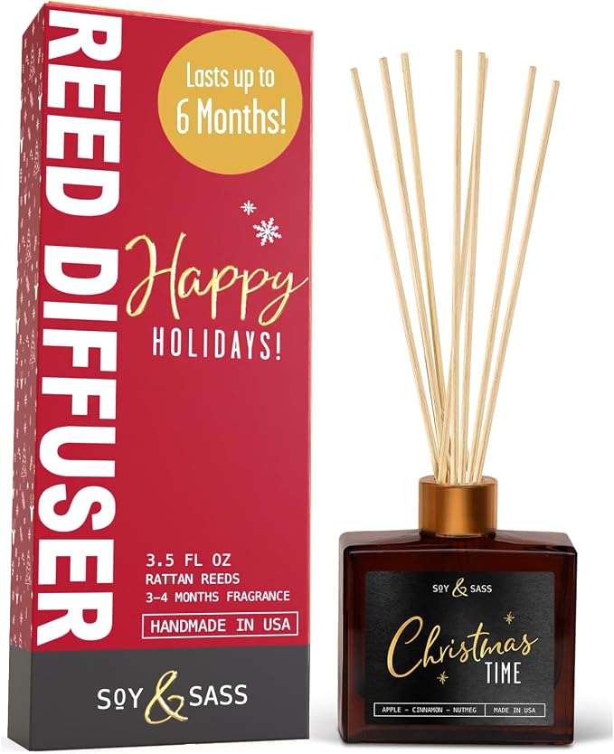 Christmas Diffuser, Christmas Reed Diffuser Decor - w/Apple, Cinnamon & Clove I Infused w/Essential Oils I 3.75 OZ Oil I
